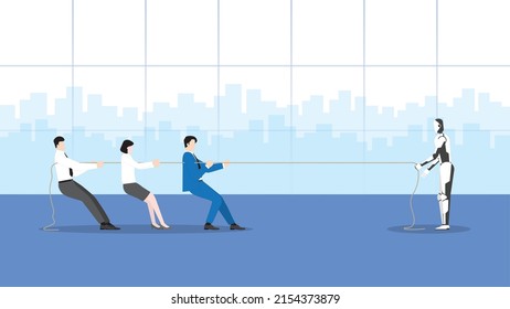 Business competition with cyber technology between cyborg and human. Leadership boss and employee teamwork fighting a tug of war rope with a robot. Confrontation and contest of career postion at work.