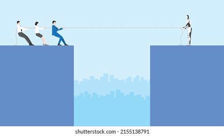 Business competition with cyber technology between cyborg and human. Leadership boss and employee teamwork fighting a tug of war rope with a robot. Confrontation and contest of career postion at work.