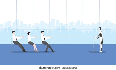 Business competition with cyber technology concept, A Robot and human employees teamwork fighting a tug of war rope. Future of controversial, confrontation, and contest of career competing at work.