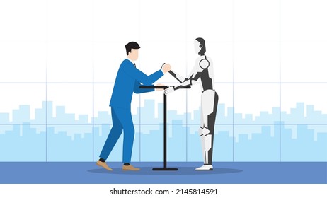 Competencia comercial y concepto de confrontación de la cibertecnología. Un hombre de negocios y un robot luchan con sus brazos en un trabajo de oficina. Conflicto entre humanos y ciborg compitiendo en la jornada laboral.