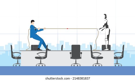 Business Competition And Cyber Technology Confrontation Concept. A Businessman And A Robot Fight Tug Of War Rope In An Office Workplace. Conflict Of Human Versus Cyborg Competing In The Working Day.