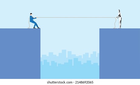 Business Competition And Cyber Technology Confrontation Concept. A Businessman And A Robot Fighting For A Position By A Tug Of War Rope. Conflict Of Human Versus Cyborg Competing In The Working Day.