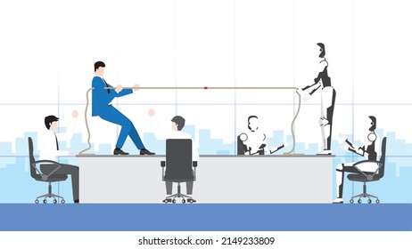 Business Competition And Cyber Technology Confrontation Concept. A Businessman And A Robot Fight Tug Of War In An Office Workplace. Conflict Of Human Versus Cyborg Team Competes In The Working Day.