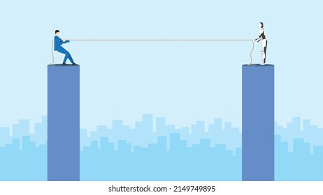 Business Competition And Cyber Technology Confrontation Concept. A Businessman And A Robot Fighting For A Position By A Tug Of War Rope. Conflict Of Human Versus Cyborg Competing In The Working Day.