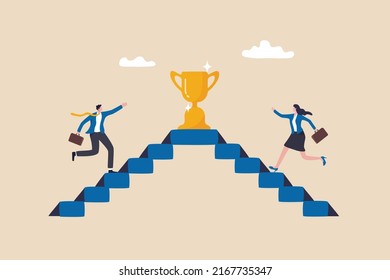 Business competition, employee motivation to success, rivalry or conflict, contest or challenge to achieve target, effort concept, businessman and businesswoman walk up stair compete to win trophy. - Shutterstock ID 2167735347