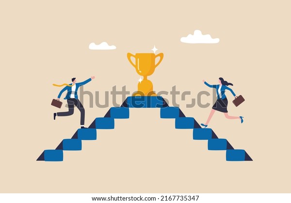 Business competition, employee motivation to\
success, rivalry or conflict, contest or challenge to achieve\
target, effort concept, businessman and businesswoman walk up stair\
compete to win\
trophy.