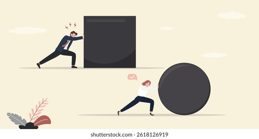 Business competition. Enterprising business people pushing circle and square shape. Better plan and work quality give results and advantages. Effective business plan and strategy. vector illustration