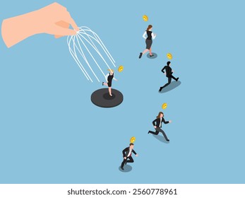 Business Competition and Escape Concept with Trapped and Running Professionals 3d isometric vector illustration