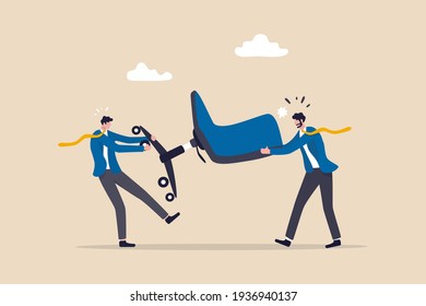 Business competition, fight or compete for vacancy, job promotion or career development concept, businessmen competitor fight and pulling office management chair. 