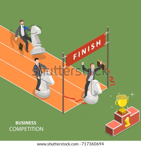 Business competition flat isometric low poly vector concept. Three businessmen are riding the chess knights and try to be first in the finish of the race to get the reward.