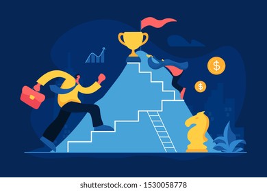 Business competition flat vector illustration. Career ladder, job promotion, corporate competition, success achievement concept. Office workers, businessmen climbing mountain cartoon characters