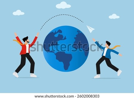 Business Competition, Global Trade Connection, and Time Management Concept with Two Businessmen Exchanging Paper Planes Over the World for International Collaboration and Economic Growth.