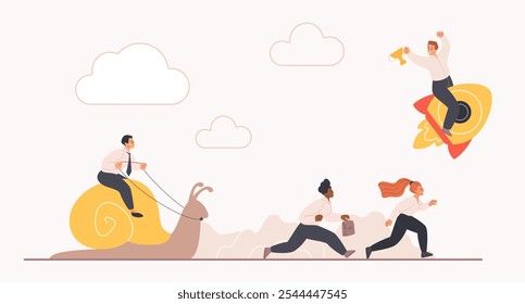 Competição empresarial, meta atingida em velocidades diferentes. Pequenas pessoas competem em corrida de carreira, vencedor de negócios voando em foguete, funcionários correndo, andando em lenta caracol ilustração de vetor de desenhos animados