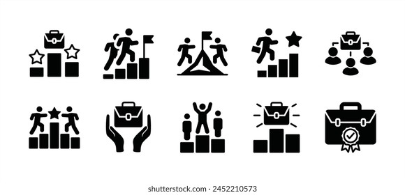 Business competition icon set. Containing success, goal, target, development, winner, achievement, mission, victory, career, challenge, champion, management, mountain peak. Vector illustration