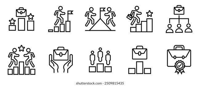 Business competition icon set. Containing success, goal, target, development, winner, achievement, mission, victory, career, challenge, champion, management, mountain peak. Vector illustration