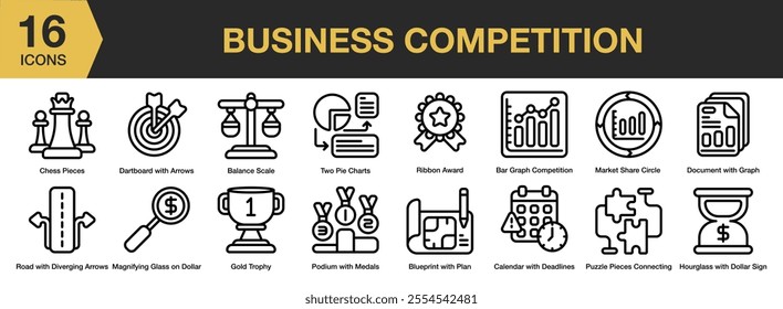 Business Competition icon set. Includes chess pieces, ribbon award, gold trophy, medals, podium, and More. Outline icons vector collection.