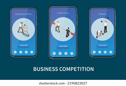 Isomometrische Zusammensetzung des Geschäftwettbewerbs, die drei Smartphone-Bildschirme mit Informationen über Konkurrenten und Gewinner abbildet, Vektorgrafik
