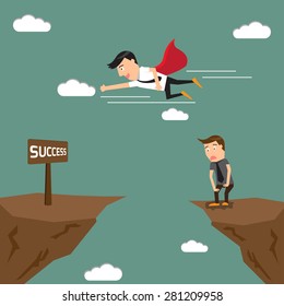 business competition. jump through the gap over the cliff to goal. vector illustration.