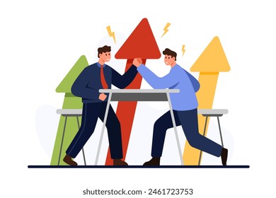 Business competition for leadership and career success. Arm wrestling match and office conflict between two employees at table, up arrows and fight between two people cartoon vector illustration