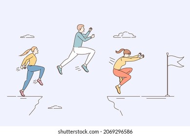 Business competition and leadership concept. Group of young people competitors jumping over abyss trying to reach aim flag first vector illustration 