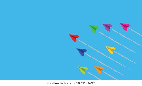 Business, competition, leadership concept. togetherness and success concept. colorful planes in the background in the front, the red vector paper plane in front. vector eps 10.