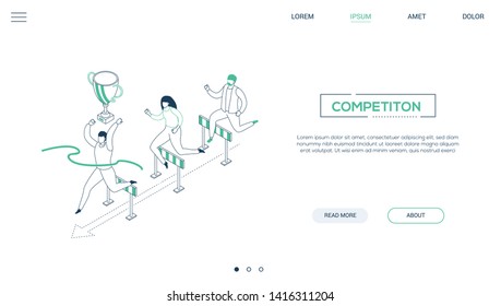 Business competition - line design style isometric web banner on white background with copy space for text. A website header with male, female characters jumping over obstacles, hurdles. Leadership