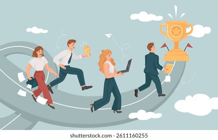 Business competition. Male and female entrepreneurs compete with each other and run towards golden cup as symbol of achieving goals. Opportunities or pursuit of success. Flat vector illustration