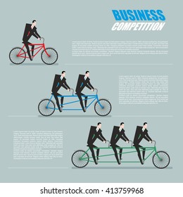 Business competition. Managers on bike. profession team goes on tandem. Infographics about corporate work. Joint cycling
