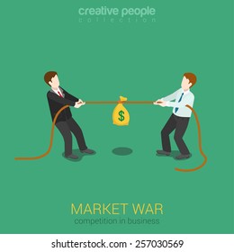 Business competition marketing war flat 3d web isometric infographic concept vector template. Two businessmen pull the rope with money bag for market customer share. Creative people collection.