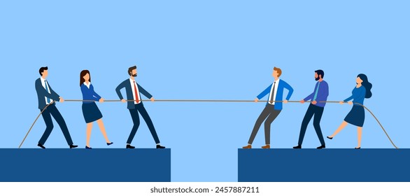 Business competition. Men and women company employees pulling rope.