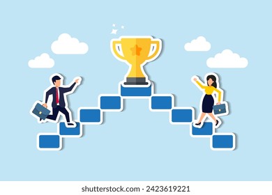 Business competition motivates employees, fostering rivalry, contest, and effort towards success concept, businessman and businesswoman walk up stair compete to win trophy.