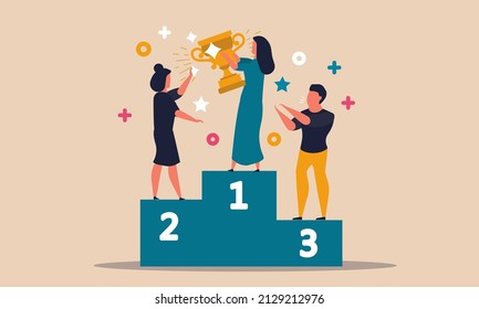 Business competition and motivation success. First woman work winner and award direction career vector illustration concept. Character competitive and teamwork triumph. Leader goal to finance 