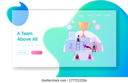 Business Competition, Obstacles Race Landing Page Template. Office People Characters Running with Barriers to Win Gold Goblet on Huge Pedestal. Leadership, Leader Chase. Cartoon Vector Illustration