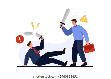 Business competition of office workers. Tiny strong businessman with briefcase breaking competitors sword, end of fight between two people with success and victory cartoon vector illustration