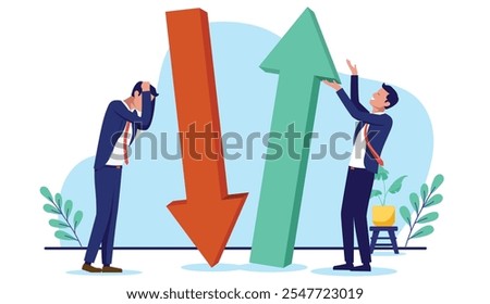 Business competition - Business people with arrow going down and up, income vs loss and failure versus winning concept in flat design vector illustration on white background