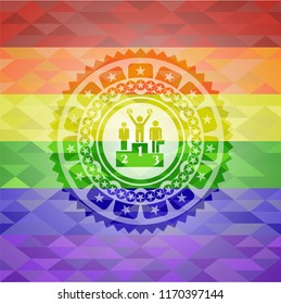 business competition, podium icon inside emblem on mosaic background with the colors of the LGBT flag