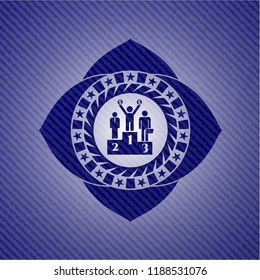 business competition, podium icon inside badge with denim texture