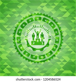 business competition, podium icon inside realistic green emblem. Mosaic background