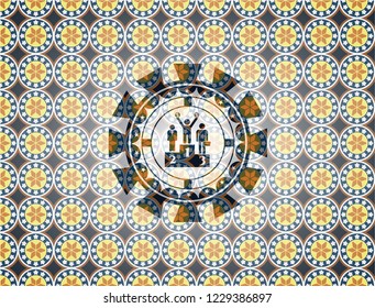 business competition, podium icon inside arabic badge. Arabesque decoration.