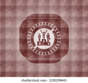 business competition, podium icon inside red seamless emblem or badge with abstract geometric pattern background.