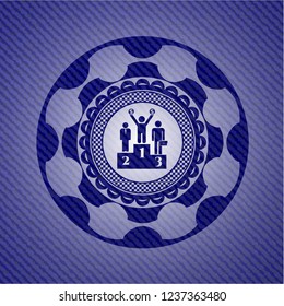business competition, podium icon inside badge with jean texture