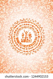 business competition, podium icon inside orange tile background illustration. Square geometric mosaic seamless pattern with emblem inside.