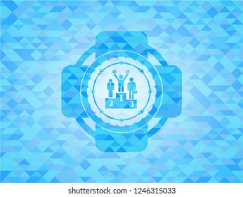 business competition, podium icon inside sky blue emblem with triangle mosaic background