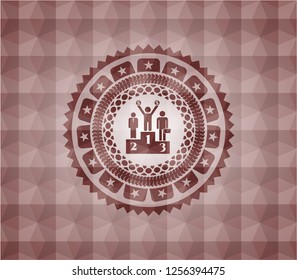 business competition, podium icon inside red seamless emblem or badge with abstract geometric polygonal pattern background.