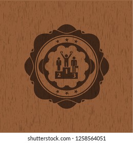 business competition, podium icon inside realistic wood emblem
