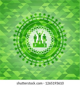 business competition, podium icon inside green emblem with triangle mosaic background