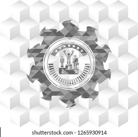 business competition, podium icon inside grey emblem. Retro with geometric cube white background