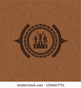 business competition, podium icon inside wooden emblem. Retro