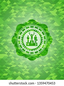 business competition, podium icon inside green mosaic emblem