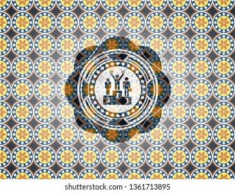 business competition, podium icon inside arabic badge background. Arabesque decoration.